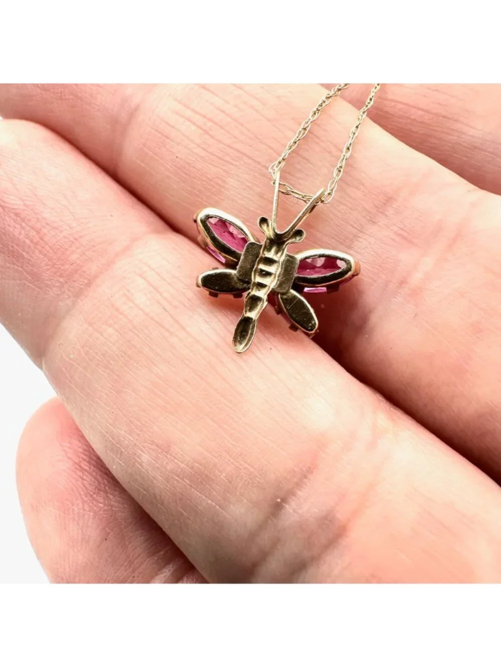 Womens Necklace 10K Yellow Pink Sapphire Opal Butterfly Pendant